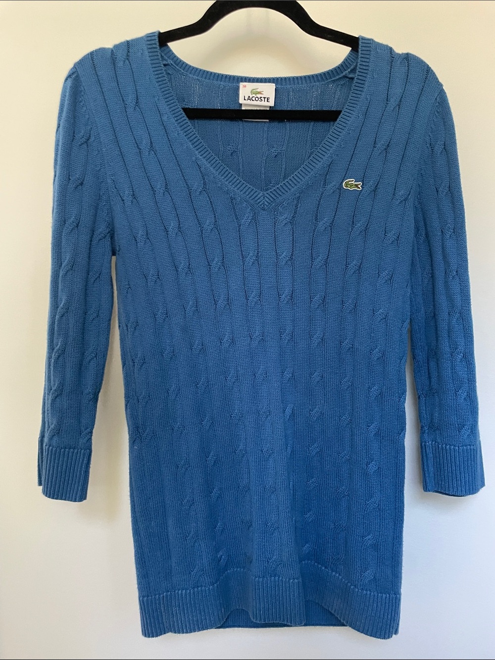 Classic Lacoste Women's Sky Blue Cable V-Neck Sweater